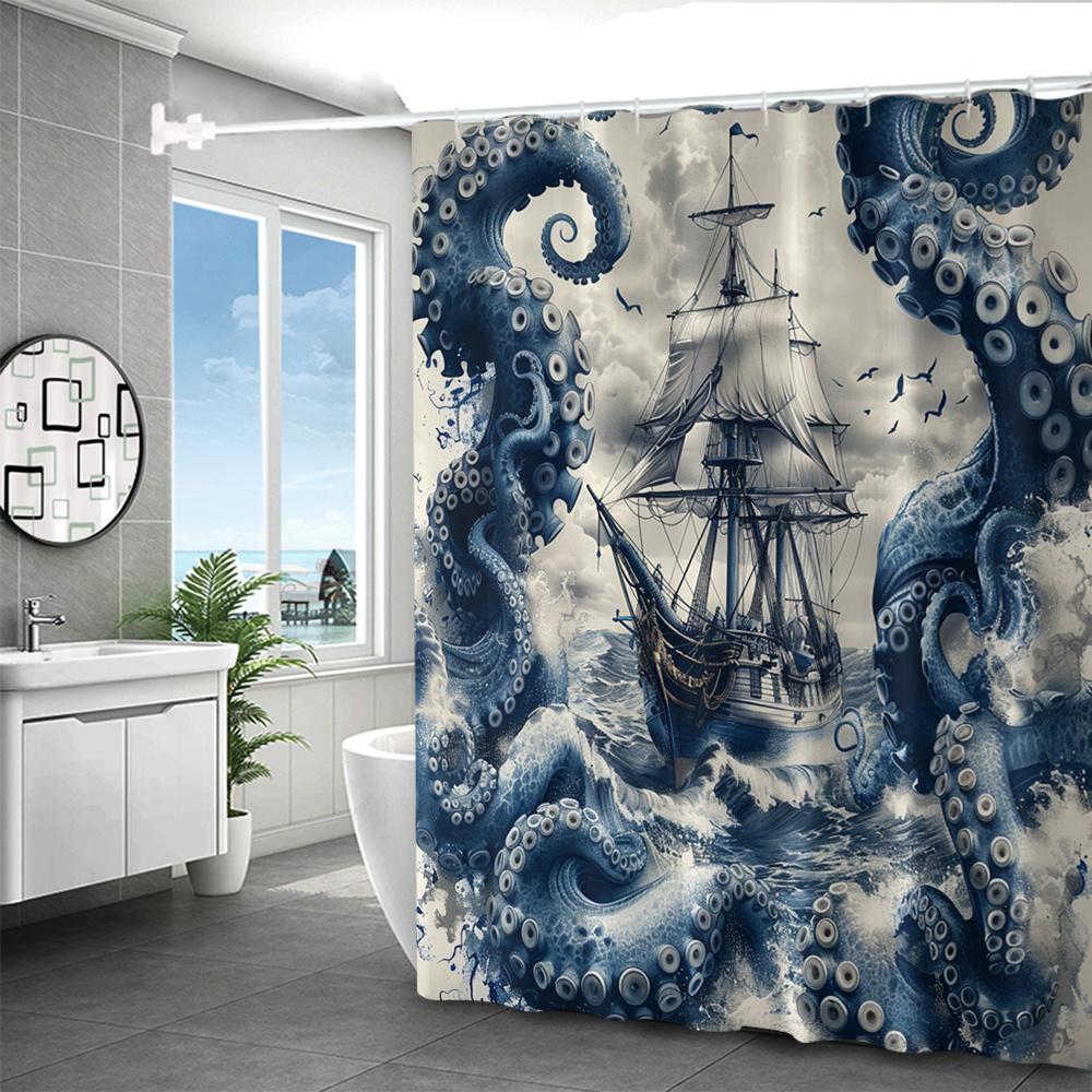 1 Stück Polyester-Duschvorhang mit Digitaldruck eines Segel-Oktopus-Tentakels, Keine Bohrer für die Montage erforderlich.