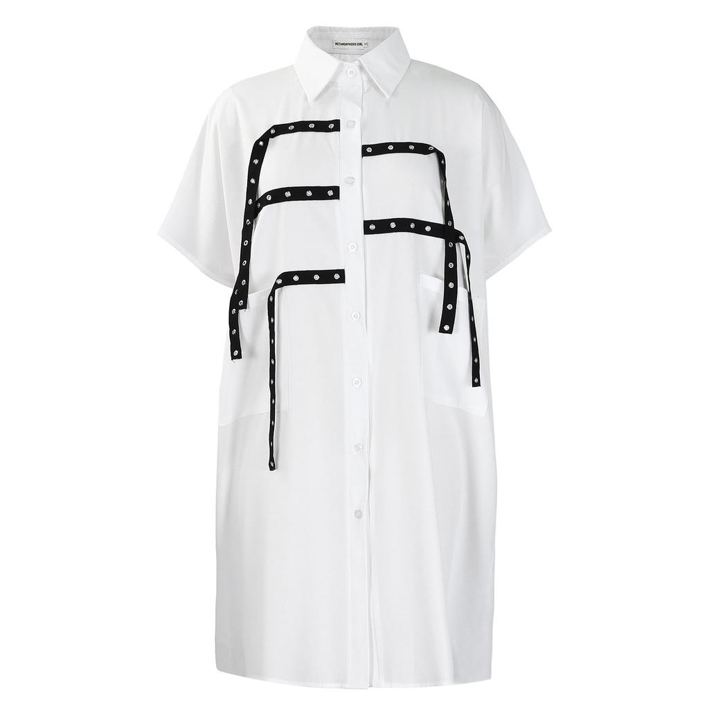 Women Short Sleeve Shirt Dress with Bow Tie Belt and Pockets Solid Color Casual Dress