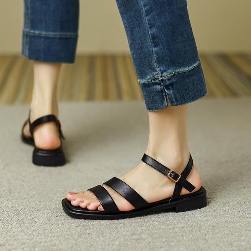 Mode Mode Vielseitiger Damenschuh Sommer Neu Quadratische Zehenpartie Flache Schuhe Komfort Rutschfest Damen Sandalen Einfache Weichbesohlte Damen Römerschuh