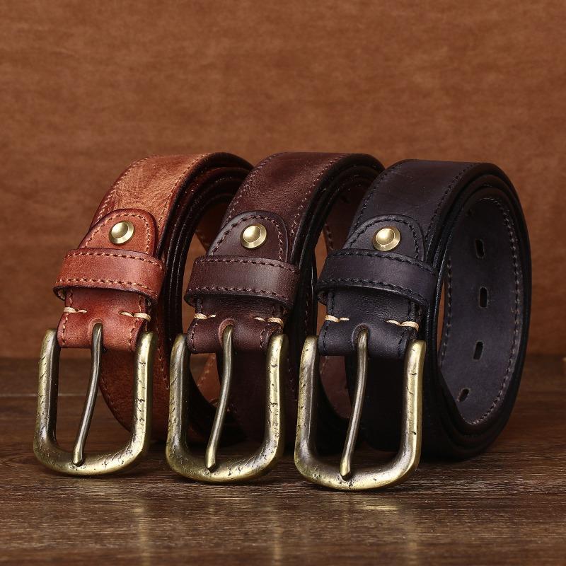 Men's Belt First Layer Cowhide Thickened Copper Buckle Vegetable Tanned Leather Washed Retro Belt