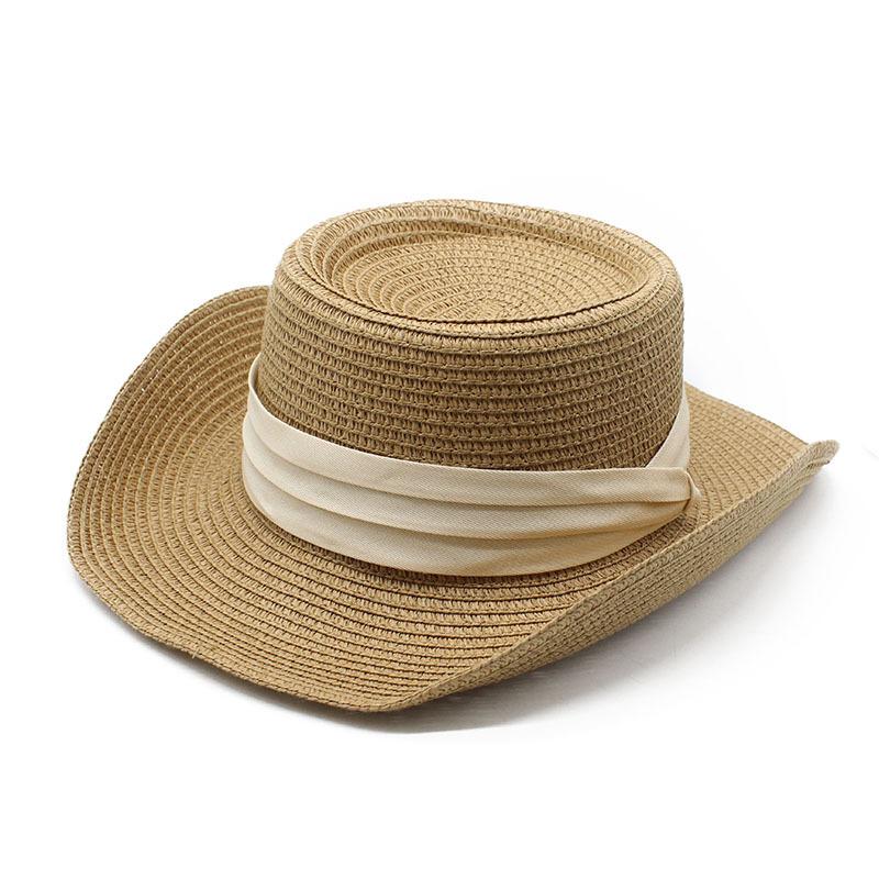 Sunscreen Summer Shade French Flat Top Straw Hat Black Belt Women'S Triple Fold With Seaside Beach Top Hat Sunscreen Woven