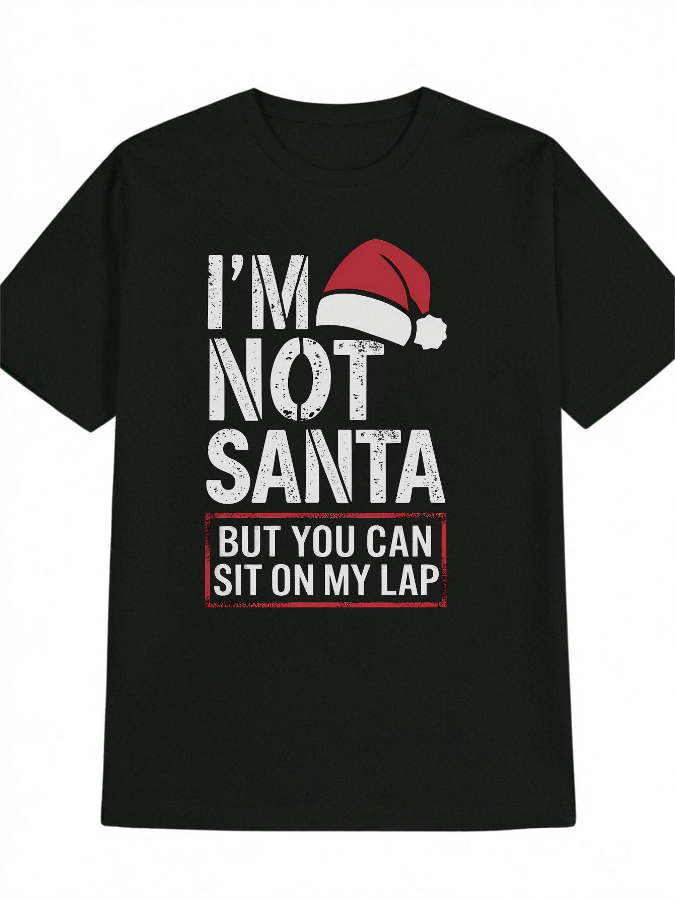 Casual Crew Neck T-shirt with Santa Hat & I m Not Santa Print - Black S