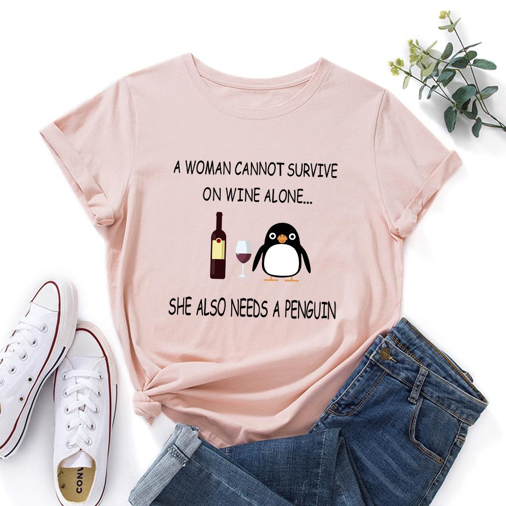 Inspirational Letters Red Wine Penguin Pattern Loose Round Neck Short Sleeved Women's T-shirts