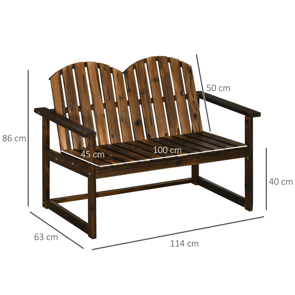 Panca da Giardino in Legno da Esterno, Sedia Loveseat da Patio con Schienale a Doghe e Braccioli Lisci per Due Persone, per Cortile, Prato, Portico, Finitura Carbonizzata