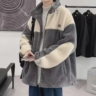 Men's Contrast Color Lamb Wool Jacket: Winter Cotton Coat, Trendy Hong Kong Brand, Street Style.