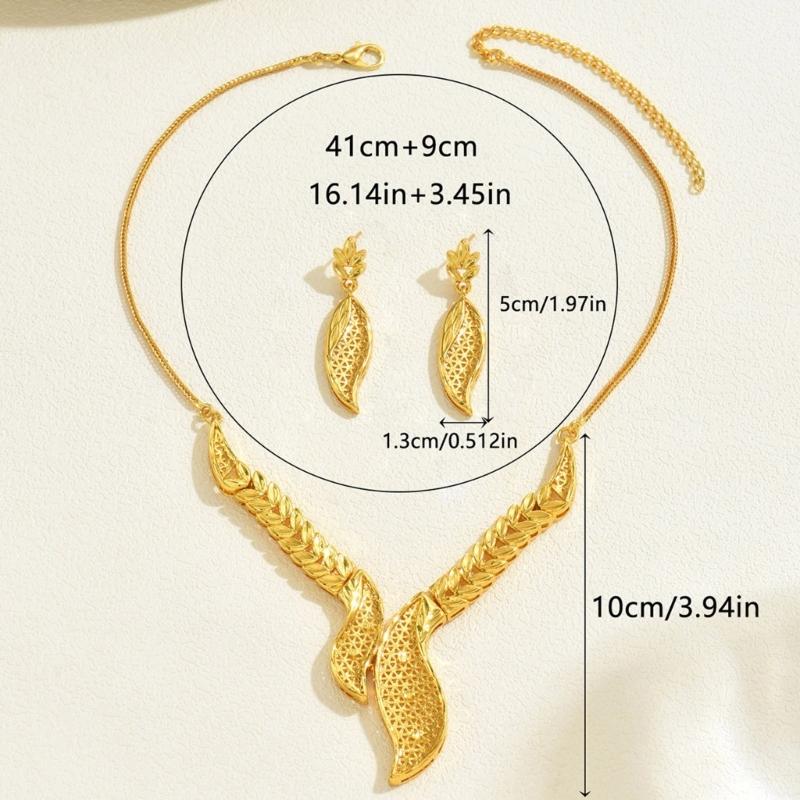 Elegant Hollow Out Leaf Design Alloy Necklace And Earrings Set Hollow Metal Leaf Jewelry For Formal Event Daily Wear