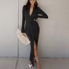 Temperament High Waist Knitted Long Sleeve Split Lapel Dress