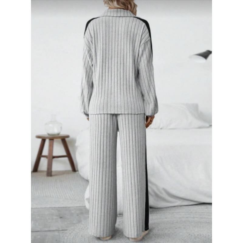 Women Ribbed Knit 2 Piece Outfit Half Zip Long Sleeve Top And Wide Leg Pants Set