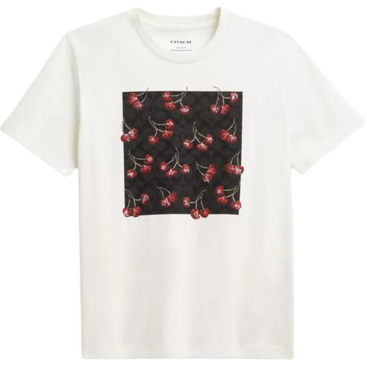 Coach Cherry Pattern Round Neck Organic Cotton Short Sleeve T-Shirt Women Tops CDF51-NFY S