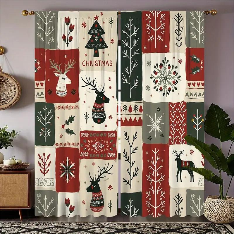 

2pcs Cute Patchwork Christmas Pattern Curtains Playful Design Light - Filtering Polyester Curtains for Christmas Home Windows 100*130 Grommet Top 1pcs