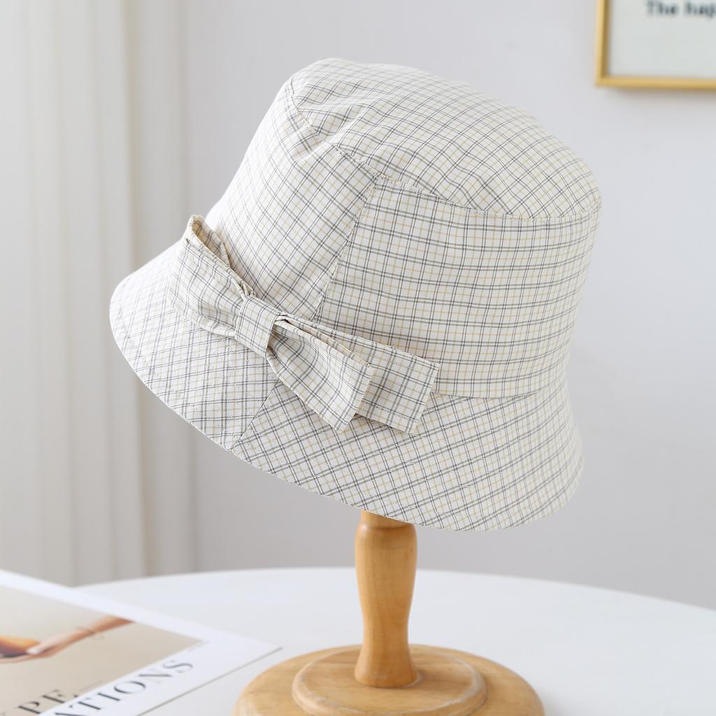 Women's Bow Plaid Bucket Hat Visor Ladies Hat Outdoor Travel Thin Cap