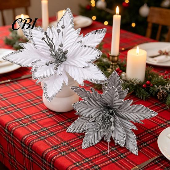 Velvet Poinsettia Decorations Artificial Flowers, Handmade Bead Cluster Christmas with Gold Glitter Fabric Decorative Flower Picks Petals, Reusable