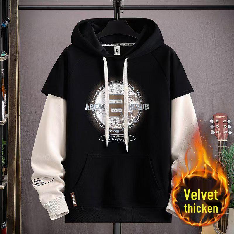 Men's Trendy Letter Print Hooded Sweatshirt - Spring & Autumn Faux Two-Piece Casual Sports Jacket