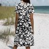 Kurzärmeliges Boho-Kleid für Damen, lässig, lockere Passform, Sommerkleid mit Print, Rundhalsausschnitt, mit Taschen
