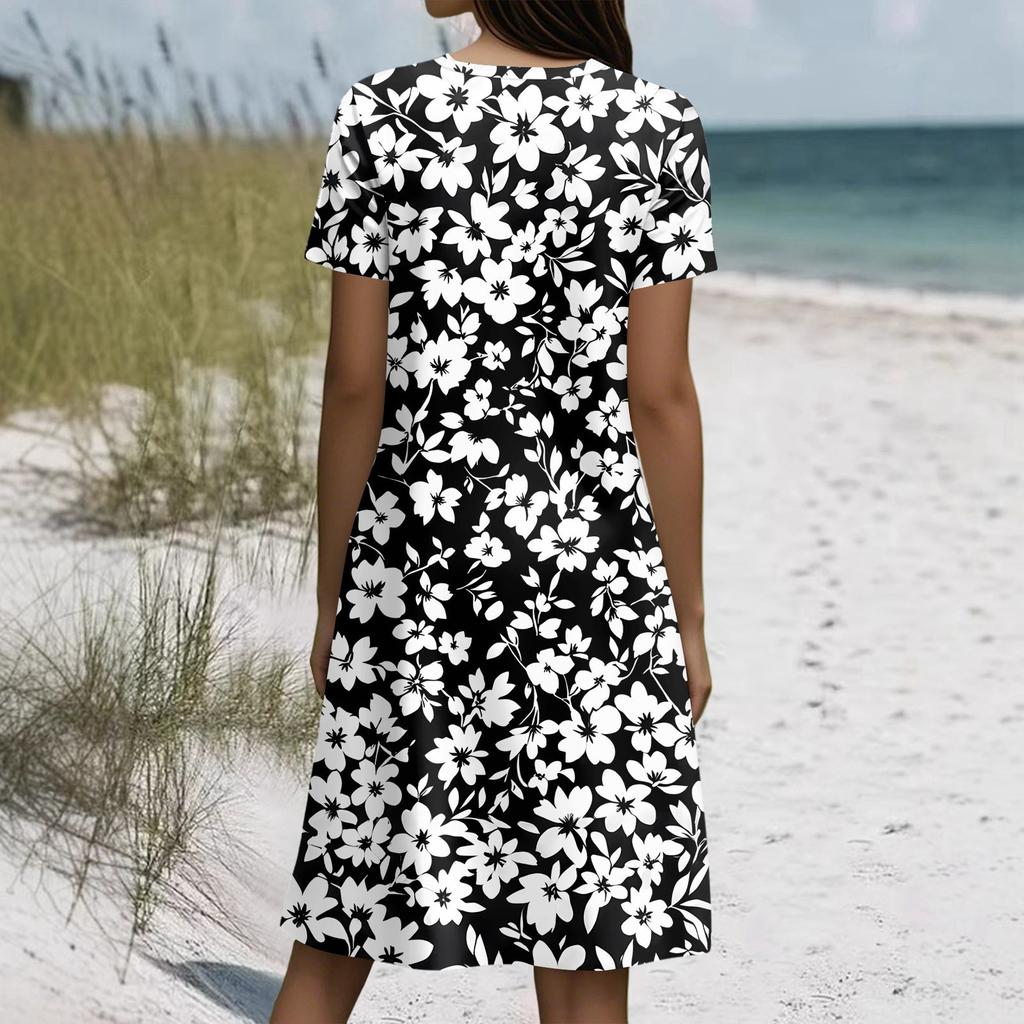 Kurzärmeliges Boho-Kleid für Damen, lässig, lockere Passform, Sommerkleid mit Print, Rundhalsausschnitt, mit Taschen