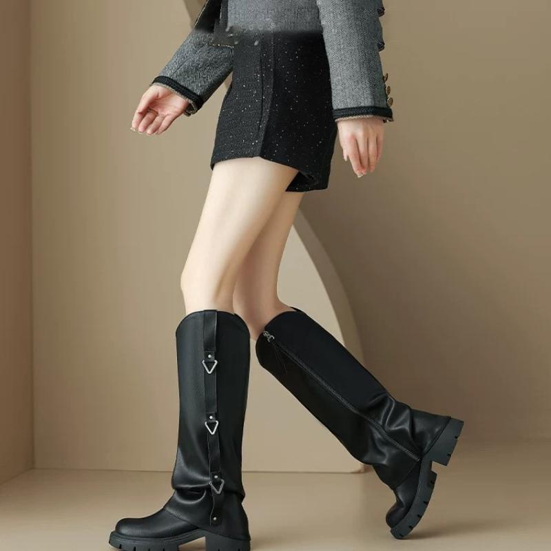 

Женские сапоги Knigit до колена с металлической пряжкой и боковой молнией, на толстом среднем каблуке с круглым носком, с отворотом, модная обувь для девушек 40