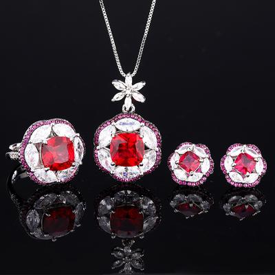 Huamei Jewelry Set Luxury Temperament Pigeon Blood Imitation Red Corundum Earrings Ring Necklace Women's 10X10 6X6
