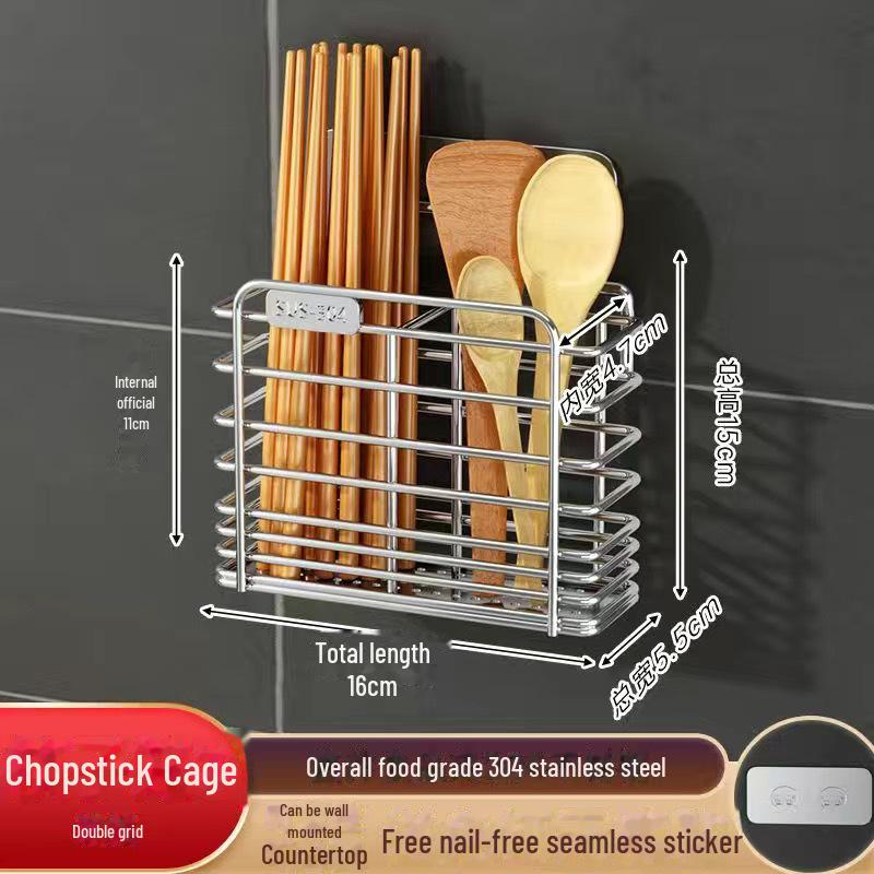 Wall-Mounted 304 Stainless Steel Chopsticks and Utensil Storage Rack