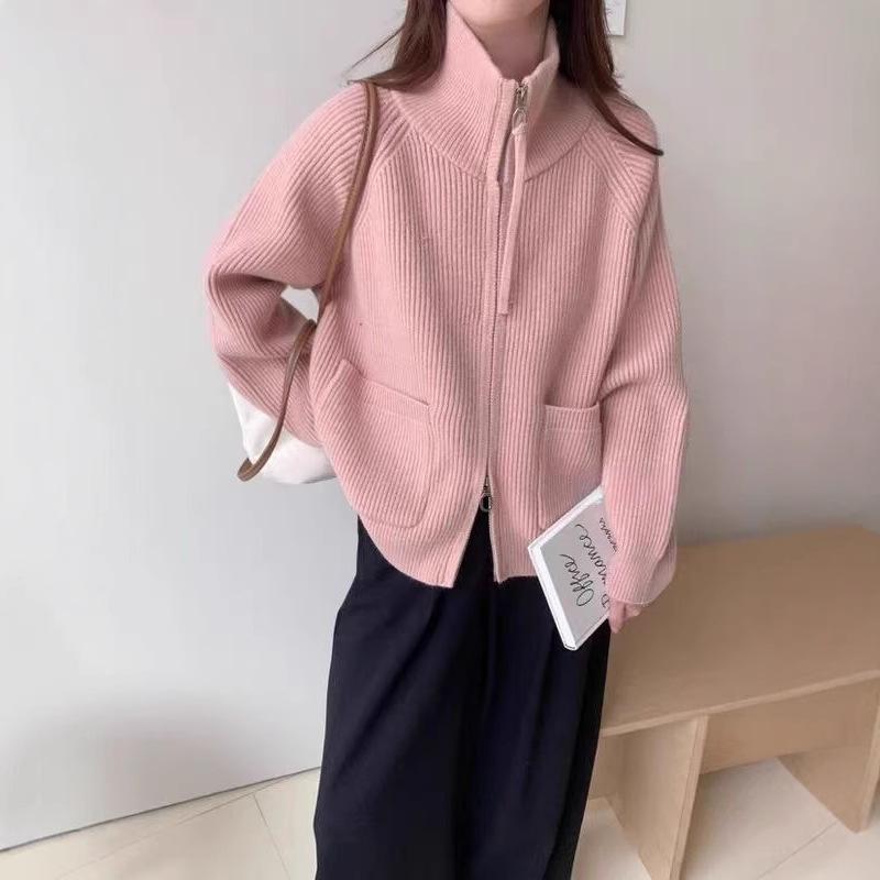 New Autumn and Winter Stand-up Collar, Double Zipper, Long-sleeved, Loose, Large-sized, Laid-back Style Knitted Cardigan Sweater for Women