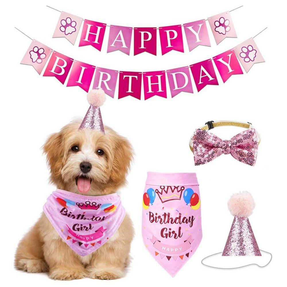 Dog Sequins Hat Pet Birthday Decorations Set Creative Dog Birthday Triangle Scarf  for Dogs Cats