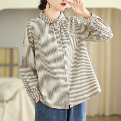 Camicia da Donna a Righe Beige e Nere con Collo Peter Pan, Maniche a 3/4 a Palloncino, Abbottonatura Frontale