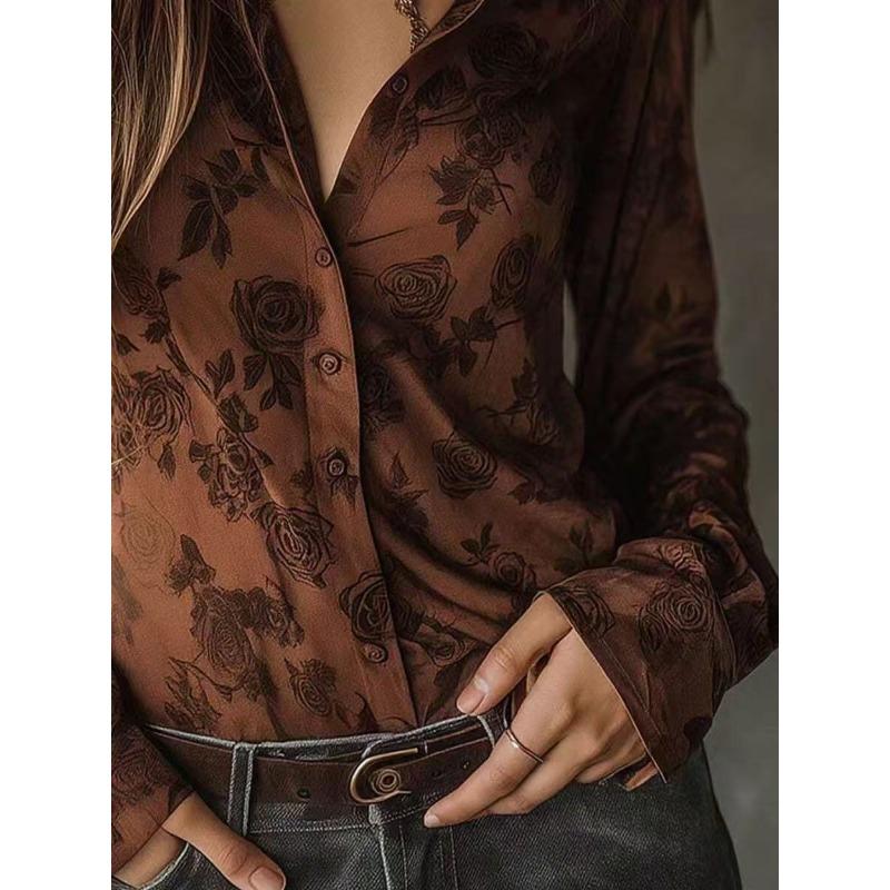 Women S Vintage Long Sleeve Floral Print Brown Shirt
