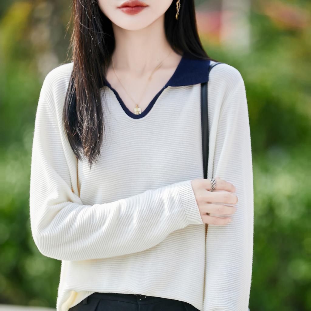 Spring and Autumn New Lapel Knitted Sweater Long-sleeved Women's Two-color Collar Loose Pullover Base Layer Top Sweater