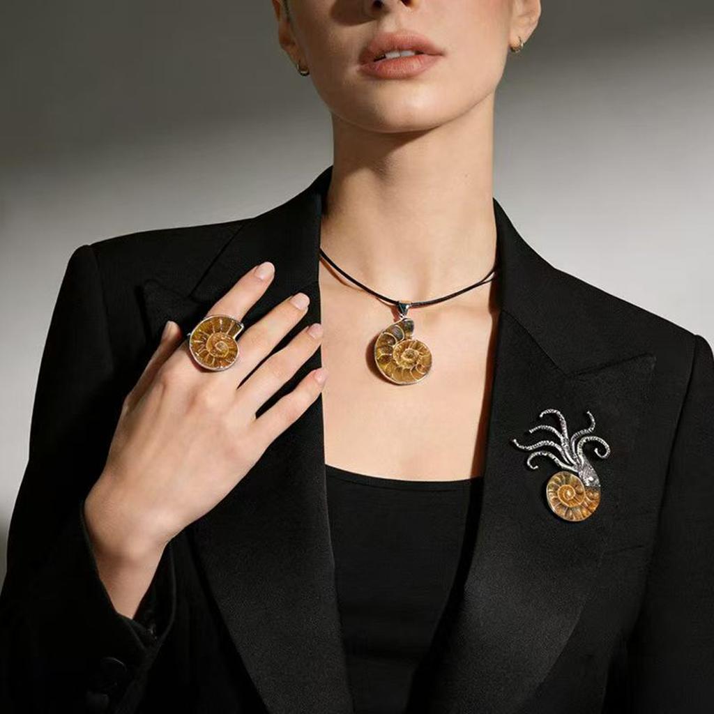 2026 Trending Steampunk Style Jewelry Set: Natural Conch Pendant Necklace + Octopus Brooch Pin + Adjustable Ring, Unique Valentine's Day Bulk Gifts