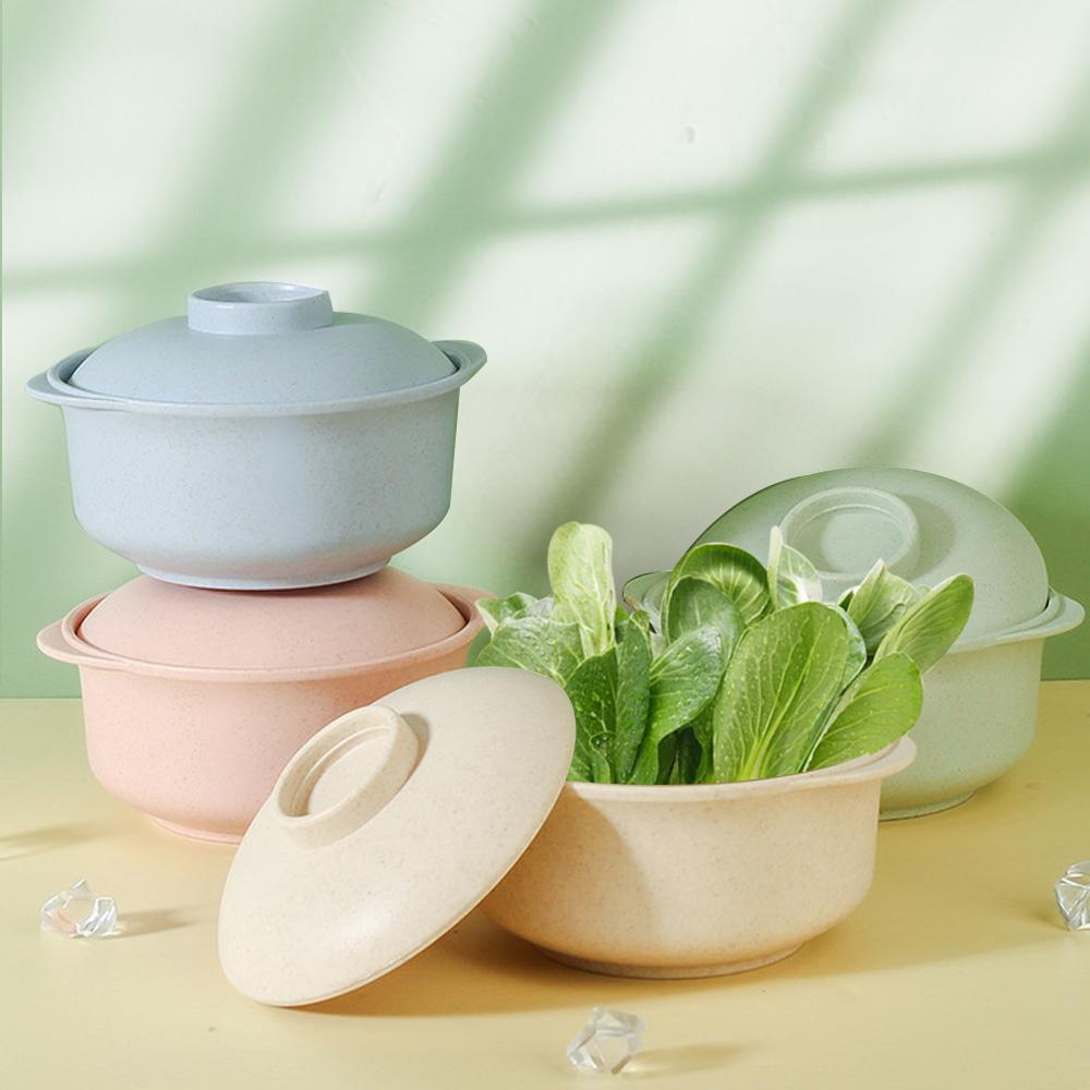 Kids Wheat Straw Instant Noodles Bowl Soup Food Container with Lid Kitchen Tableware Insulation Anti-hot Rice Bowl Dinnerware
