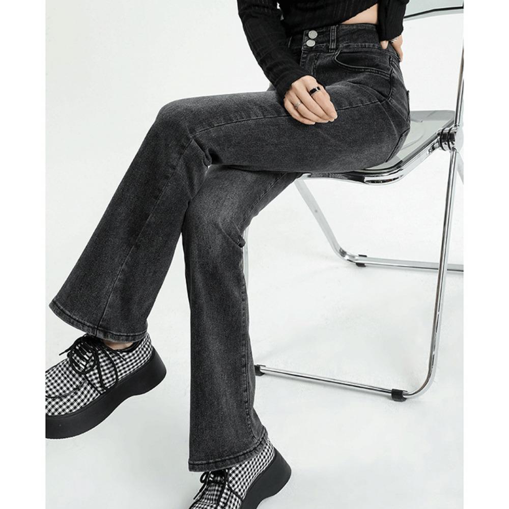 Black and Gray Korean Version of Micro-pull Jeans Women's New Summer High-waisted Horseshoe Pants, Thin Hip-covering Horn Pants