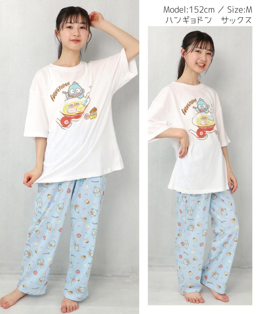SAZAC Hangyodon Cotton Pajama Short Long and Top X Women's Set, Sleeves, Pants, T-Shirt, (White Sax/L/SAN1808)