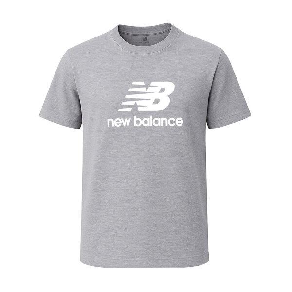 New Balance Men S ShorT Sleeve T ShirT Grey eSSenTial STacked Logo mT41502 Ag