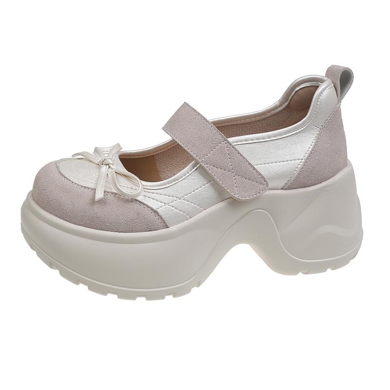 

Fashion Bow Platform French Mary Jane Small Leather Shoes Women s Spring and Summer New Round Toe Shallow Mouth Heightened Single Shoes 40 бежевый