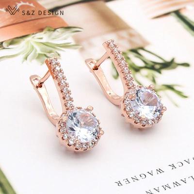 Fashion Vintage Rose Gold Color Round Cubic Zirconia Drop Earrings For Women Luxury Wedding Party Jewelry Gift