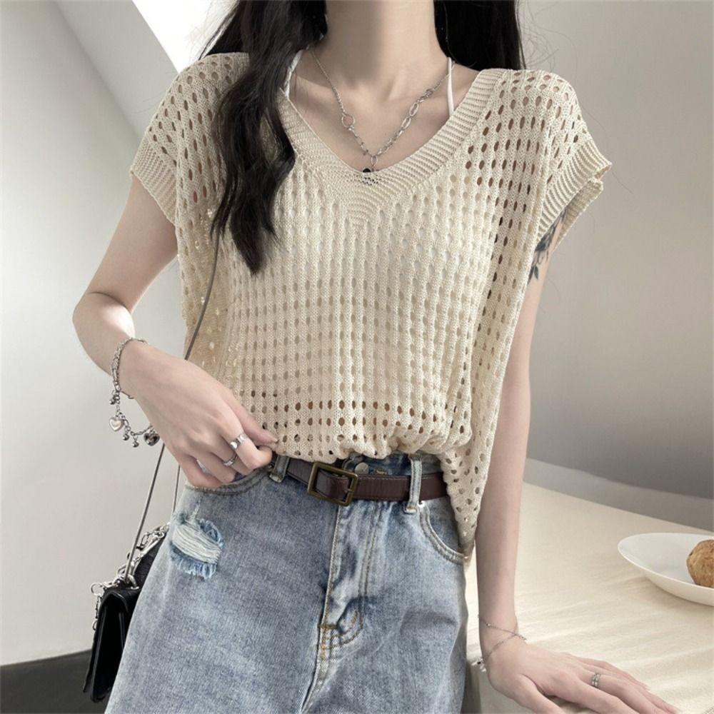 Oversized Beach Crochet Sweater Vest V-neck Hollow Out Knit T-shirt Leisure Women абрикосовый
