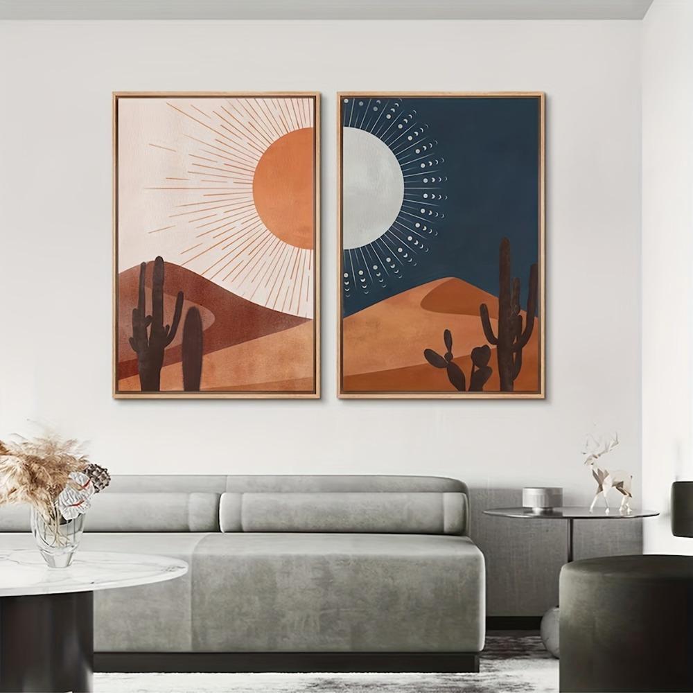 2pcs Frameless,Sun Moon Cactus Desert Landscape,Southwest Joshua Tree Picture Printing,Bohemian Style Home Decor Canvas Printing