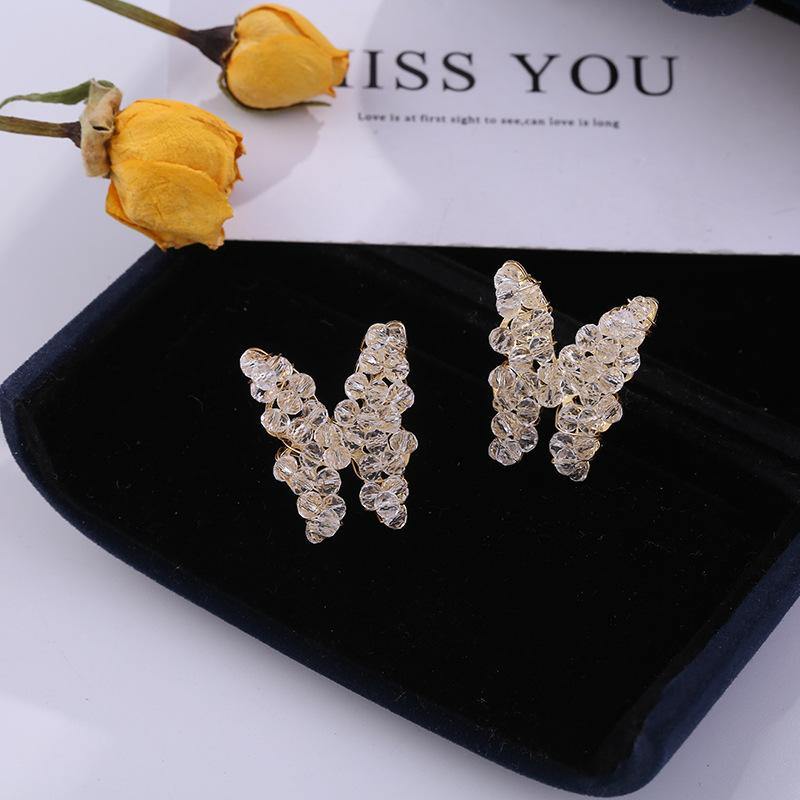

S925 silver needle, hand-woven sparkling bead butterfly earrings Korean temperament simple stud earrings women s earrings срібний