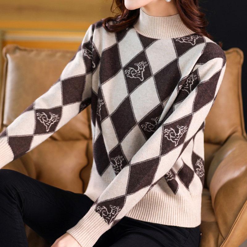 Fall/Winter Vintage Jacquard Sweater Women High Neck Knit Sweater Short Thick Loose Print Knitwear Top Jumper