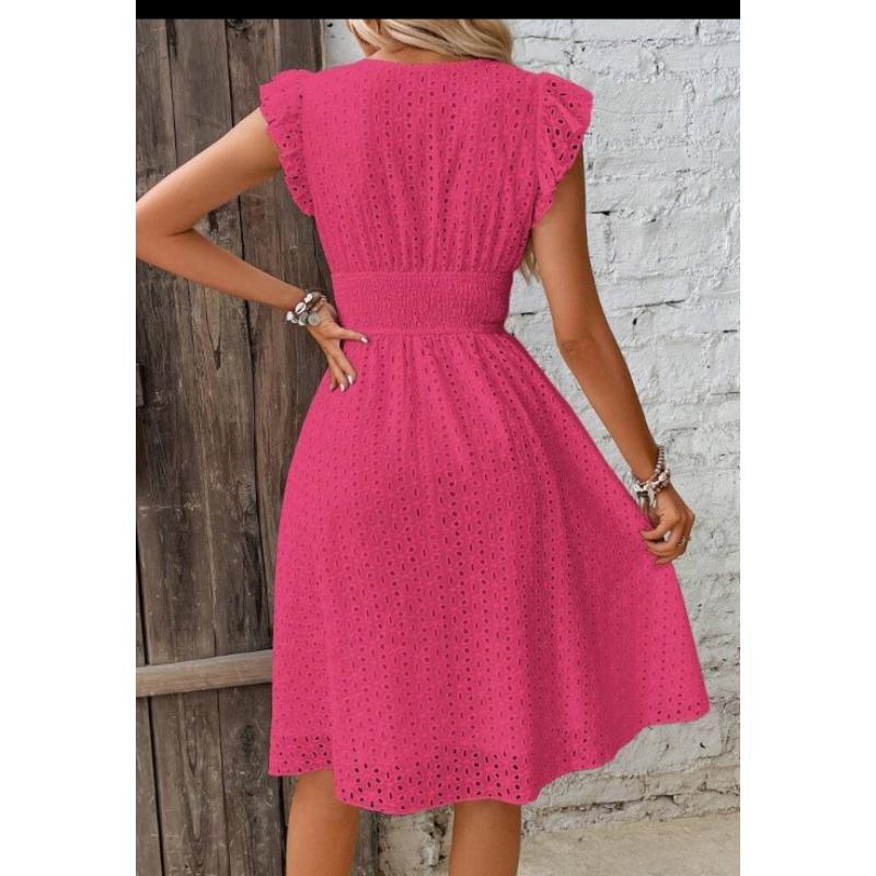 Fashion White Hollow Lace Midi Dresses Women Summer V Neck Ruffle Sleeve Dress Elegant Office Lady Casual Beach Holiday Sundres