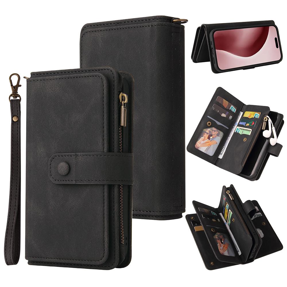 

For iPhone 16 Pro Zipper Wallet Case with 15 Card Slots and Strap Leather Phone Cover Black