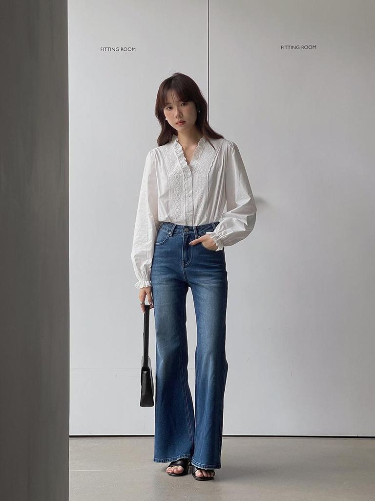 Ge Ming French Retro V-neck Lace Long Sleeve White Shirt for Women - Spring Collection Y1626F