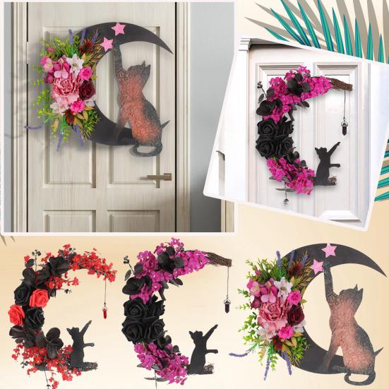 Halloween Moon Cat Wreath for Front Door Crescent Moon Wreath Sign with Artificial Rose Flowers for Gothic Home Decoration
