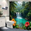 Tropical Waterfall Shower Curtain Palm Trees Hibiscus Flowers Jungle Scene Nature Decor Waterproof Fabric Bath Curtain Set Home