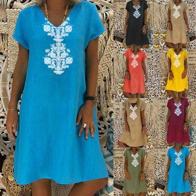 Premium Quality Women's Baggy Loose Short Sleeve V-neck Linen Kaftan Madi Dress For Effortless Beach Style