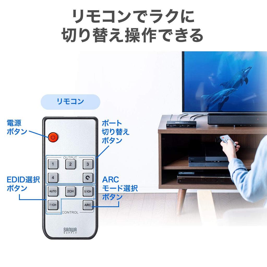 Sanwa Direct HDMI 4K 4 1 Optical Digital Remote Control Compatible with Switch and Switcher, 60Hz, Inputs, Output, Auto/Manual Switching, ARC,