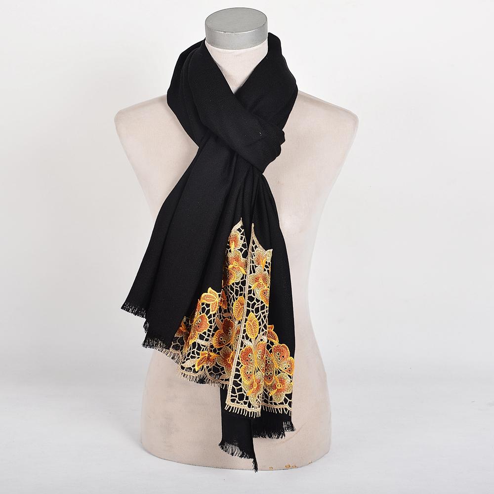 [BYSIFA] New Women 100% Wool Scarves Shawls Embroidered Fall Winter Solid Black White Ladies Long Scarves Hijabs Neck Scarf Wrap