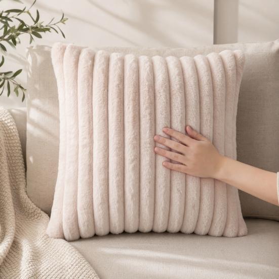 Imitation Rabbit Fur Pillowcase, Soft Plush Vertical Strip Design Throw Pillow Case, Decorative Cushion Cover for Sofa Bed Chair