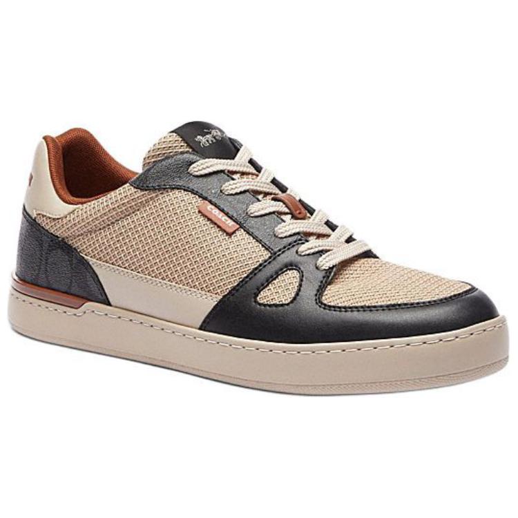 Coach Clip Fabric Synthetic Leather Cow Split Leather Lace-Up Round Toe Low-Top Sneakers Men Sneakers Brown CU165-TY3