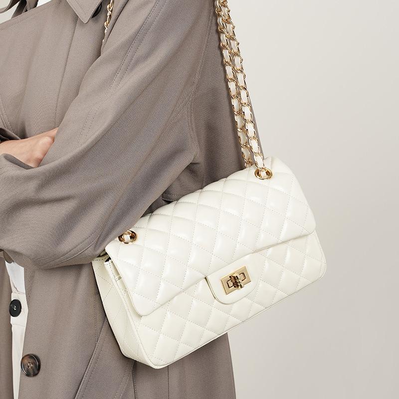 Rindsleder-Tasche, Rindsleder-Kette, kleiner Duft-Stil, modische Rauten-Gitter-Tasche, Einzel-Schulter-Umhängetasche für Damen, kleine quadratische Ledertasche