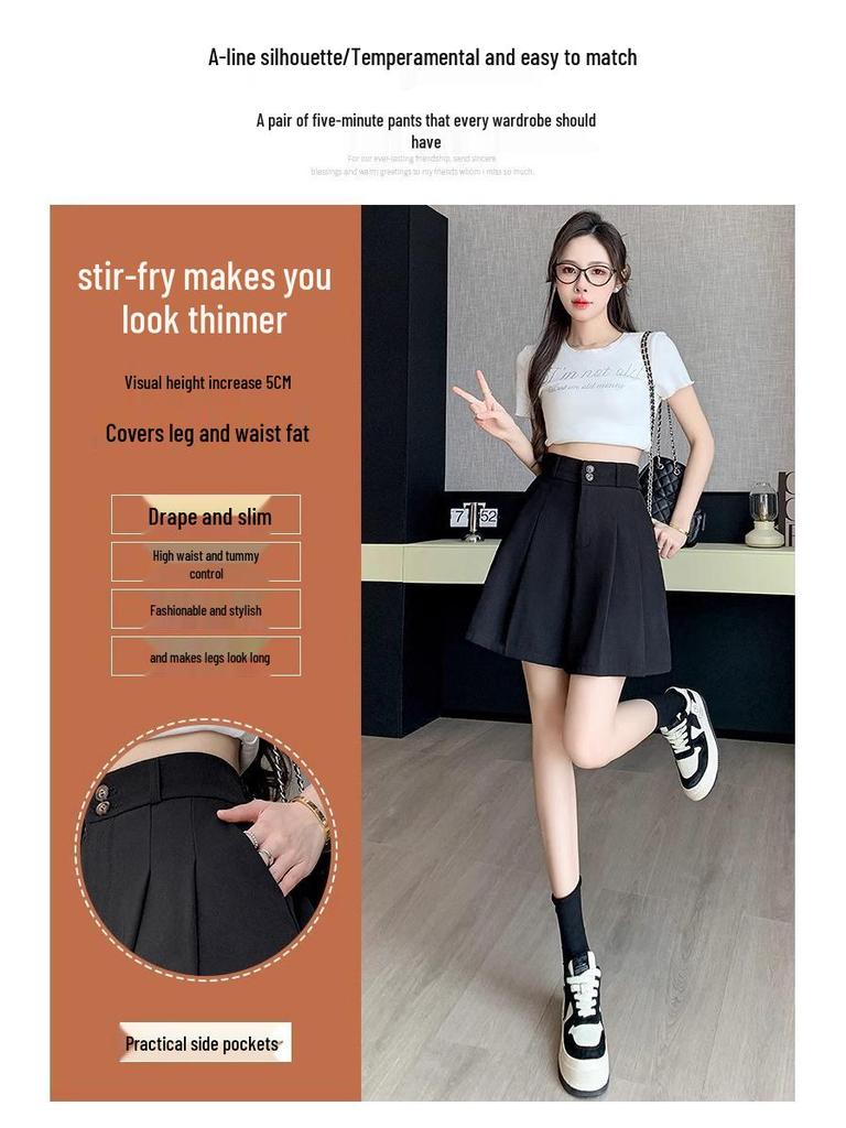 Autumn 2024 High-Waisted Petite Pleated A-Line Culottes - Black Wide-Leg Women's Shorts